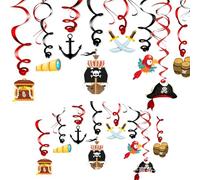 INGJIA Pack of 8 Pirate Party Hanging Swirls Decoration Pirate Ceiling Wall Spiral Streamer Pirate Captain Hat Skull Parrot Treasures Ceiling Swirls for Hanging Pirates Nautical Caribbean