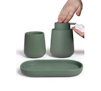 INGOFIN 3 Pcs Ceramic Bathroom Accessory Set - Foam Soap Dispenser, Toothbrush Holder & Tray, Bathroom Counter Set, Countertop Essentials for Home, Guest Bathroom, or Office Use, Matte Green
