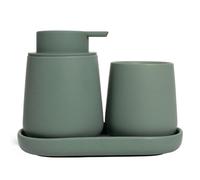 INGOFIN 3 Pcs Ceramic Bathroom Accessory Set - Liquid Soap Dispenser, Toothbrush Holder & Tray, Bathroom Counter Set, Countertop Essentials for Home, Guest Bathroom, or Office Use, Matte Green