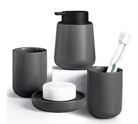 INGOFIN Bathroom Accessory Set, Ceramic Bathroom Accessories for Home and Hotel Including Soap Dispenser, Toothbrush Mugs/Tumblers and Soap Dish, Set of 4, Grey