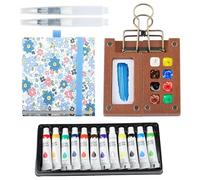 ingoodtle 6PCS Pocket Artist Watercolour Travel Set， 8 Grids Mini Watercolour Paint Set with 12-Color Paints，Portable Wooden Palette，Sketchbook，Water Brush，Metal Clip，Gift for Painters Artists (Blue)