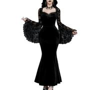 InGoticos Women Gothic Sexy Lace Patchwork Sleeve Fishtail Velvet Goth Dress Without Choker & Umbrella, Black, XXL