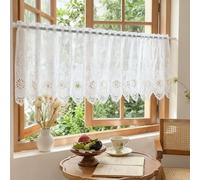 Ingzy White Lace Short Curtains for Windows, Semi-Sheer Net Curtains with Floral Patterns, Light Filtering Voile Valances for Kitchen Living Room Café Bedroom (1 Panel, 39" W x 18" H / 100W x 45H cm)