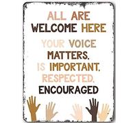 Ingzzaac Fun Metal Tin Sign All are Welcome Here Stronger Together Equality Poster Kindness Matters Inclusion Your Voice Matters Retro Poster Plaque Classroom Decor Aluminum Metal Sign 8X12 Inches