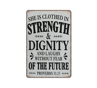 Ingzzaac Funny Metal Sign Bible Verse Decorative Sign Proverbs 31 25 Scripture Decor Farmhouse Christian Metal Sign Plaque Poster 8X12 Inches