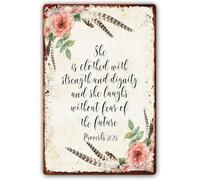 Ingzzaac She Is Clothed In Power And Would Proverbs 31:25 Metal Signs Bible Verses Wall Decor Scripture Art Modern Artwork for Walls Decorative Prints Paintings 8"x12"