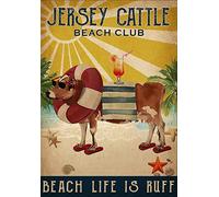 Ingzzaac Summer Cow Jersey Cattle Beach Club Decoration Sandy Beach Movie Home Coffee Decorations Wall Art Decor Funny Vintage Metal Sign Poster 8X12 Inches