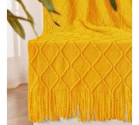 inhand Knitted Fall Throw Blanket for Couch and Bed, Knit Fall Decor Halloween Blanket with Tassel, Mustard Yellow Lightweight Decorative Farmhouse Warm Woven Blankets and Throws for Women, 50"x60"