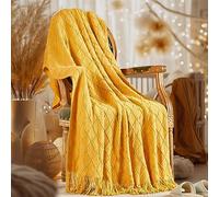 inhand Knitted Fall Throw Blanket for Couch and Bed, Knit Fall Decor Halloween Blanket with Tassel, Mustard Yellow Lightweight Decorative Farmhouse Warm Woven Blankets and Throws for Women, 50"x60"