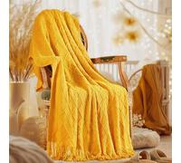 inhand Knitted Fall Throw Blanket for Couch and Bed, Knit Fall Decor Halloween Blanket with Tassel, Mustard Yellow Lightweight Decorative Farmhouse Warm Woven Blankets and Throws for Women, 60"x80"