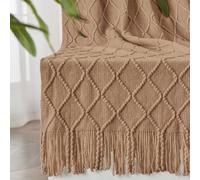 inhand Knitted Throw Blankets for Couch and Bed, Soft Cozy Knit Blanket with Tassel, Khaki Lightweight Decorative Blankets and Throws, Farmhouse Warm Woven Blanket for Men and Women, 50"x60"