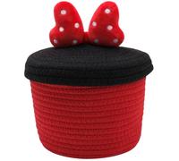 inheming 20cm Round Cotton Rope Basket with Lid, Small Woven Storage Basket, Decorative Woven Storage Bin for Snack, Towel, Jewelry, Stationery, Red bow