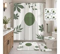 Inhousolu 4 Pcs Shower Curtain Set with Non-Slip Rugs, Toilet Lid Cover and Bath Mat, Waterproof Bathroom Decor Set Accessories, Shower Curtains with 12 Hooks 72" W x 72" L (Leaves & Geometry)