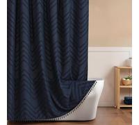 Inhousolu Boho Woven Fabric Shower Curtain, Tufted Textured Chevron Striped Tassel, Modern Farmhouse Cloth, Waterproof Washable Curtain for Bathroom Hotel (Navy Blue, W 72" x L 72" (1 Panels))