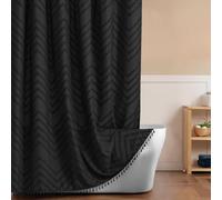 Inhousolu Boho Woven Fabric Shower Curtain, Tufted Textured Chevron Striped Tassel, Modern Farmhouse Cloth, Waterproof Washable Curtain for Bathroom Hotel (Black, W 72" x L 72" (1 Panels))