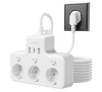 Inhwatek Power Strip Surge Protection, 3-Way Power Strip Wall Mounted with USB, Multiple Socket Individually Switchable for Kitchen, Bedroom, Office, 2 m Cable, 4000 W/16 A