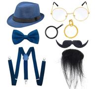 inhzoy 1920s Gangster Costume Set for Men with Top Hat Bow Tie Suspenders Glasses Fake Beard for Halloween Cosplay Dark Blue One Size