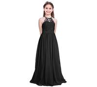 inhzoy Kids Flower Girl Chiffon Dress Halter Neck Floral Lace Wedding Bridesmaid Dress Pageant Formal Party Gowns Black 10 Years