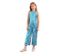 inhzoy Kids Girls Shiny Sequins Jazz Latin Dance Costume Halter Neck Sleeveless Performance Jumpsuit Romper Sky Blue 11-12 Years