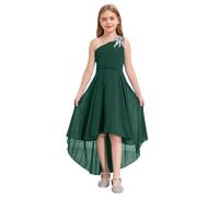 inhzoy Kids One Shoulder Flower Girl High-Low Dress Sleeveless Chiffon Wedding Party Dress Formal Proms Gown Army Green 11-12 Years