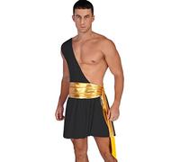 inhzoy Men Ancient Greek Toga Cosplay Outfit for Halloween Greek God Costume One Shoulder Ruffle Dress with Metallic Ruched Belt Black M