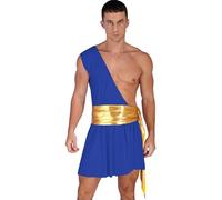 inhzoy Men Ancient Greek Toga Cosplay Outfit for Halloween Greek God Costume One Shoulder Ruffle Dress with Metallic Ruched Belt Blue XXL