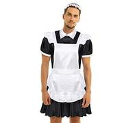 inhzoy Men's Sissy Lingerie French Maid Outfits Puff Sleeve Front Button Down Dress with Apron and Headband Black XL