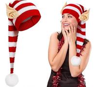 inhzoy Santa's Workshop Elf Costume Hat Striped Crochet Beanie with Dangling Ear Flaps and Pompom Playful Christmas Adults Red White One Size