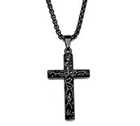 InIaid&IN Hammered Obsidian Cross Necklace for Men, Natural Black Stone Protection Pendant, Religious Christian Amulet Jewelry Gift for Husband, Obsidian