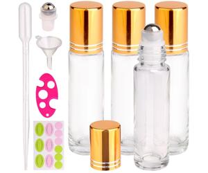 inice 4 Pack Roller Bottles Essential Oil Applicator 10ml Clear Glass Bottle Stainless Steel Metal Cap with Labels