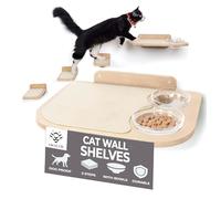 INICIO Cat Wall Furniture - Feeding Station: Cat Wall Shelves & Steps, Glass Bowls, Easy to Install, Dog-Proof, Modern, Birch, 3 Levels, 16.5"L x 12.5"W x 10"H