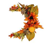 INIFILM Artificial Sunflower Fall Wreath, Half Moon Shape Autumn Rattan Wreath with Maple Leaf Pumpkin Berry for Autumn Harvest Thanksgiving Ornament Home Decoration Door Hanging