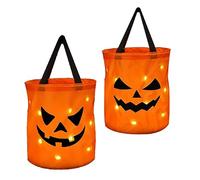 INIFLM 2 PC LED Light Halloween Candy Bags, Light LED up Halloween Trick or Treat Bucket Pumpkin Candy Bags Collapsible Ghost Halloween Basket for Kids Halloween Birthday Party(Orange 2)