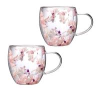 INIFLM 2pcs Double Wall Glass Coffee Mugs, Double Clear Glass Coffee Mugs, Insulated Heat Resistant Glass Mug with Flower Petal and Walled, Birthday Gifts Coffee Mugs(Pink White)