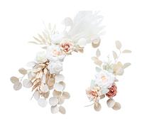 INIFLM 2PCS Wedding Arch Flowers, Artificial White Rose Flower Swag with Silver Leaves and Pampas Grass, Wedding Chair Arbor Floral Arrangement, White, Pink, 25.6x11 inch,15.7x5.9 inch