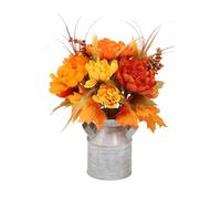 INIFLM Autumn Iron Bucket Simulation Potted Plants, Orange Flowers Fall Room Decor Fall Artificial Flowers with Iron Bucket Fall Faux Potted Plants for Home (peony)