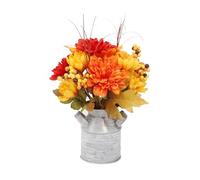 INIFLM Autumn Iron Bucket Simulation Potted Plants, Orange Flowers Fall Room Decor Fall Artificial Flowers with Iron Bucket Fall Faux Potted Plants for Home (Dahlia)