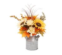 INIFLM Autumn Iron Bucket Simulation Potted Plants, Orange Flowers Fall Room Decor Fall Artificial Flowers with Iron Bucket Fall Faux Potted Plants for Home (sunflower)
