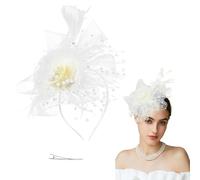 INIFLM Fascinators Hat Flower Mesh Ribbons Feathers on a Headband, Women Bridal Headpiece Fascinator with Veil Vintage Decor, Flower Hair Accessories for Girls and Women(White)