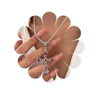 Inilbran Boho Exaggerated Ruby Cross Choker Necklace Vintage Large Cross Pendant Necklace Punk Red Crystal Cross Necklace Gothic Religious Christian Necklace Chain Jewelry for Women and Girls