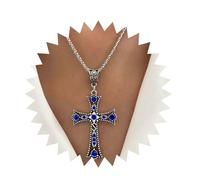 Inilbran Boho Exaggerated Sapphire Cross Choker Necklace Vintage Large Cross Pendant Necklace Punk Blue Crystal Cross Necklace Gothic Religious Christian Necklace Chain Jewelry for Women and Girls