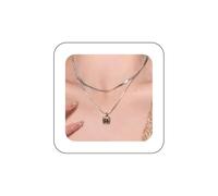 Inilbran Boho Layered Opal Square Pendant Necklace Vintage Geometric Square Necklace Silver Amber Square Choker Necklace Adjustable Gemstone Snake Chain Necklace Jewelry for Women