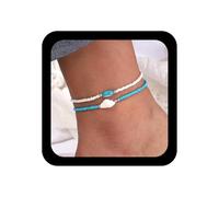 Inilbran Boho Layered Shell Anklet Bracelet Vintage Seashell Conch Anklet Chain Blue Rice Beads Foot Chain Summer Beach Beaded Link Bracelet Jewelry for Women