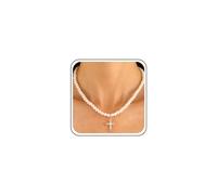 Inilbran Boho Pearl Choker Necklace Gold Imitation Pearl Necklace Vintage Crystal Cross Necklace Chain Shiny Cz Paved Cross Crucifix Necklace Pearl Necklace Earrings Set Jewelry for Women and Girls
