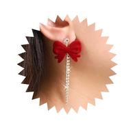 Inilbran Boho Red Velvet Bow Earrings Vintage Bowtie Tassel Chain Dangle Earrings Red Ribbon Bow Dangle Earrings Gold Long CZ Tennis Chain Earrings Jewelry for Women and Girls