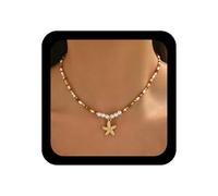 Inilbran Boho Seed Bead Necklace Choker Vintage Starfish Pendant Necklace Tiny Rice Bead Chain Necklaces Ocean Sea Star Necklaces for Women(Brown)