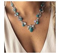 Inilbran Boho Teardrop Turquoise Choker Necklace - Silver Turquoise Gemstone & Vintage Opal Moonstone - Blue Natural Stone Jewelry for Women & Girls
