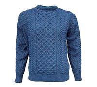Inisheer Aran Wool Sweater - Unisex Jumper - Crew Neck - 100% Merino Wool - Made in Ireland - Irish Handcrafted (Size - x_s, Blue Atlantic)