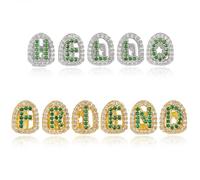 Initial 26 Capital Letters, Stone Teeth Grillz Elegant Alphabet Zircon Tooth Caps, for Women Men Jewelry Birthday Gift(Gold green,F)