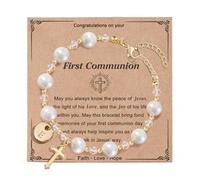 Initial A-Z Letter First Communion Gifts for Girls,Rosary Pearl Cross Bracelet for Christian Catholic Goddaughter, Medium, no gemstone